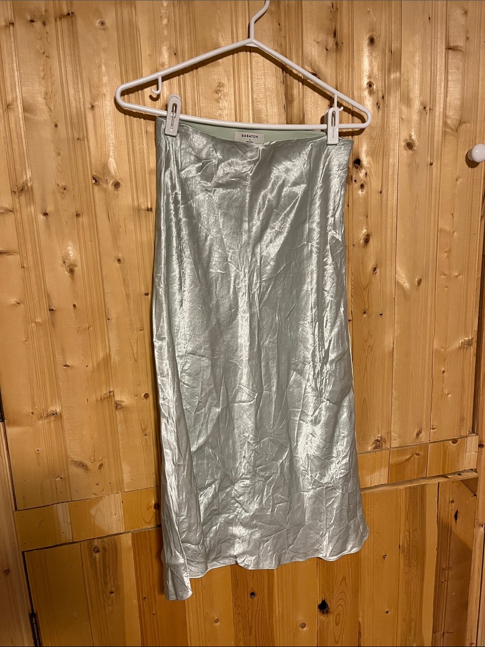 Babaton Light Silver Satin Midi Slip Skirt